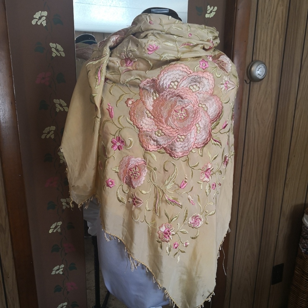 Vintage 1920s silk embroided shawl
